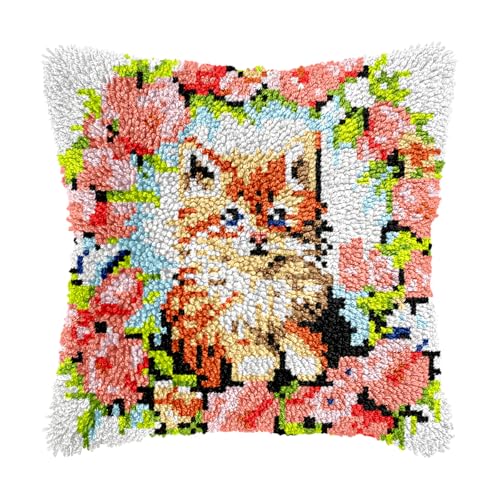 Image of bositigo Cat Latch Hook Pillow Kit for Adults & Kids, DIY Pre-Printed Canvas Craft, 17x17 Inch Decorative Cover for Sofa Cushions, Bedroom Decor (Cat Pattern 46)