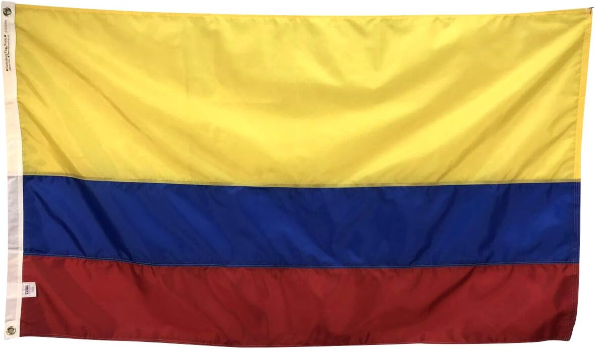 2x3' Colombia Flag, Sewn Stripes of Durable and Fade Resistant All Weather Nylon, With Canvas Header and Brass Grommets, 4 Rows of Fly End Stitching, Made in USA