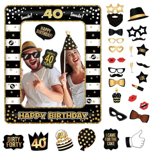 40.Geburtstag Deko Männer Frauen,Schwarzes Gold 40.Geburtstag Aufblasbarer Bilderrahmen & 33 Stück Foto Requisiten Party Foto Booth Props Fotobox Accessoires Geschenke für 40 Geburtstags Party Zubehör