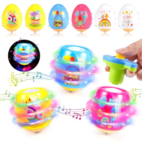 6 PCS Easter Basket Stuffers for Toddler Kids, Light Up & Singing Spinning Top with Flash, Easter Egg Hunt Party Favor Toy Gifts, Kids Goodie Bag Fillers, Easter Gifts for 3+ Boys Girls,Y