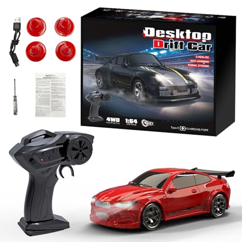 Image of 1:64 Scale Mini RC Drift Car, 2.4GHz 4WD Full Proportional Model Vehicle with LED Lights, Racing Sport Toy for Adults Teens (Red)