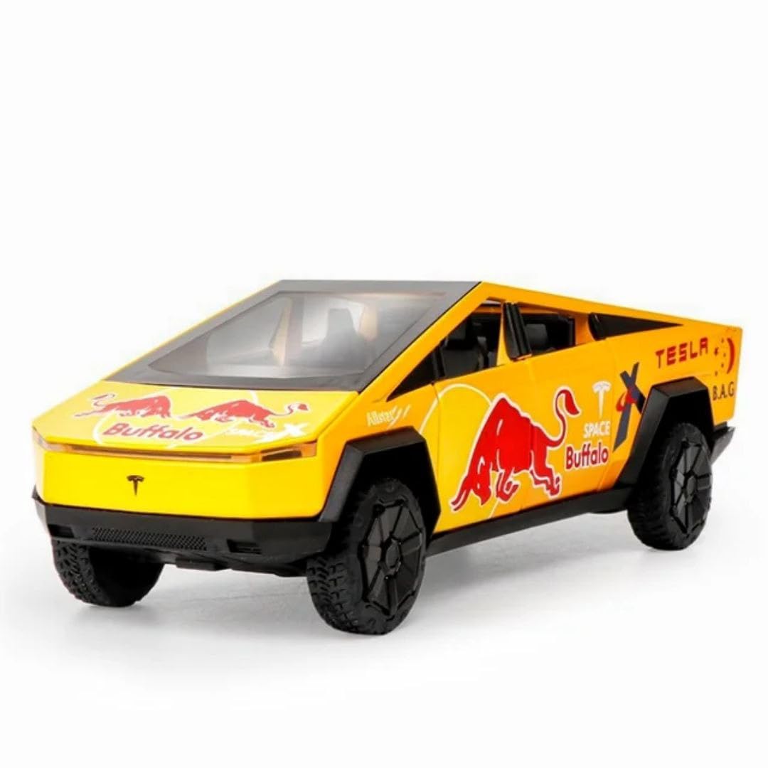 Minniq STORE Tesla Cyber Truck Redbull 1:32 Model Car Exclusive Pull Back Metal Toy car with Openable Doors & Light Music Best Gifts Toys Kids (1:32 Tesla CyberTruck Redbull (Yellow))
