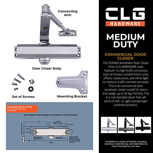 Clg Hardware Dc6003 Medium Duty Commercial Door Closer - Surface Mounted, Automatic Door Closer, Cast Aluminum - Ul 3 Hour Fire Rated, Size 3 For Residential & Light Commercial Doors - Us26D Aluminum #TOP2