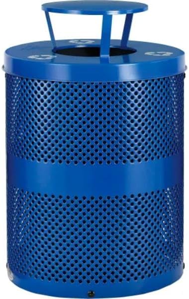 Global Industrial B3178681 Outdoor Perforated Steel Recycling Trash Can - Rain Lid - 36 gal - Blue