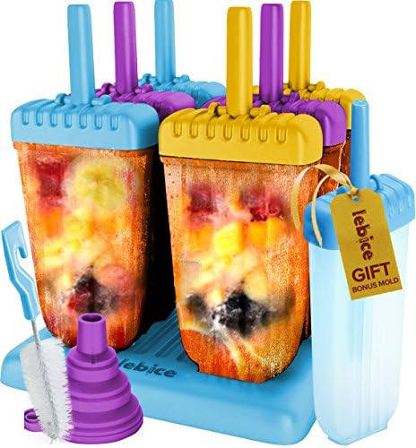 Lebice Popsicle Molds Set - BPA Free - 6 Ice Pop Makers + 1 Extra Silicone Lid + Silicone Funnel + Cleaning Brush + Recipes E-book (Mix - Blue tray)