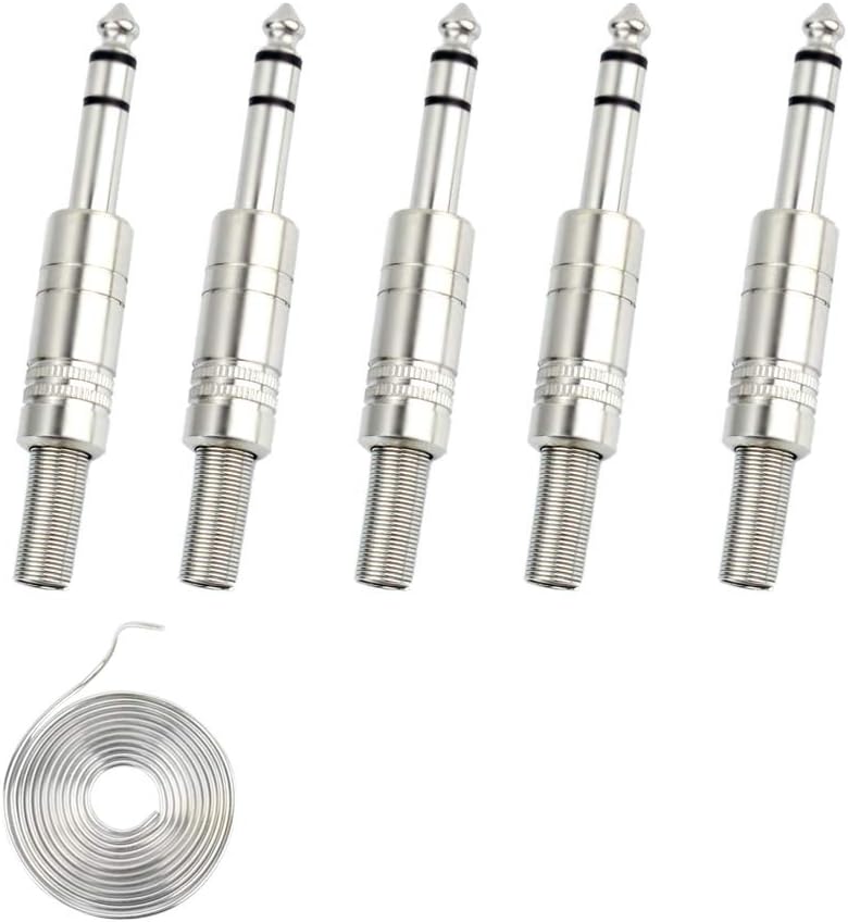 1/4" Audio Plugs 6.35 mm Plug TRS Male 1/4 inch Solder Type Stereo Plug Straight Design Connector with Spring for DJ Mixer Speaker Cables Guitar Cables Phono Patch Cable Microphone Cables (5 Pack)