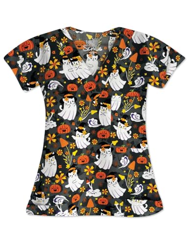 I Love Scrubs Halloween Scrub Top for Women, V-Neck, Sizes XS-3XL (US, Alpha, X-Large, Regular, Regular, KITTY GHOST)