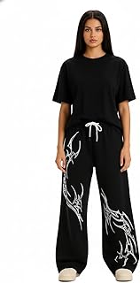 omasu fashion Aesthetic Gothic Wide Leg Pants for Women | Tribal Print Baggy Streetwear | Oversized Track Pants with Elastic Waist | Black and White Relaxed Fit Bottoms-picture-37