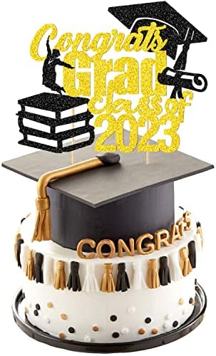 Graduation Themed Cake Topper, Congrats Grad Cake Supplies, Class of 2023 Party Decorations, 1Pcs Black Gold Glitter Cake Topper, Cake Topper Decoration for Congrats Graduation