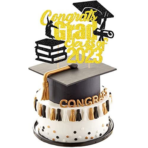 Graduation Themed Cake Topper, Congrats Grad Cake Supplies, Class Of 2023 Party Decorations, 1Pcs Black Gold Glitter Cake Topper, Cake Topper Decoration For Congrats Graduation #TOP3
