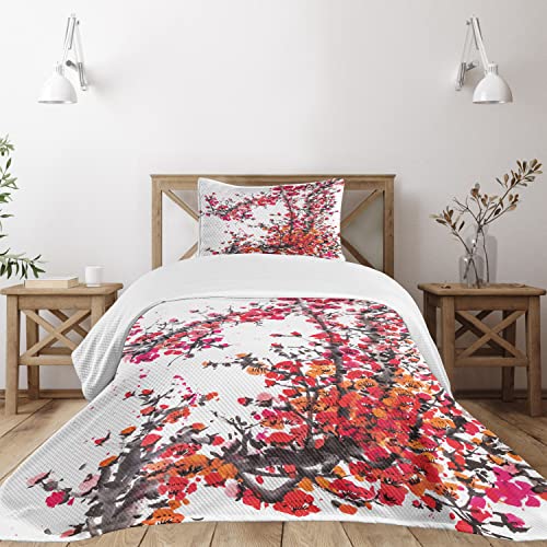 Lunarable Japanese Bedspread, Japanese Cherry Blossoms In Watercolor Brush Style Eastern Vibrant Oriental Art, Decorative Quilted 2 Piece Coverlet Set With Pillow Sham, Twin Size, Orange Red #TOP22