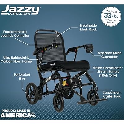 Pride Mobility Jazzy Ultra Light Power Wheelchair with Accessories, Weighs Only 33 lbs, Travel Power Mobility for Adults, LED Lights, Airline Compliant,18 Seat,
