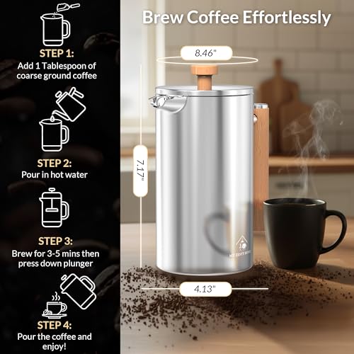 French Press Coffee Maker 304 Stainless Steel 34 Oz Large Double-Walled Insulated French Press Wood Handle 3 Level Filtration System For Kitchen, Camping & Gifting in Premium Box No Plastic by My Zesty Home - Image 4