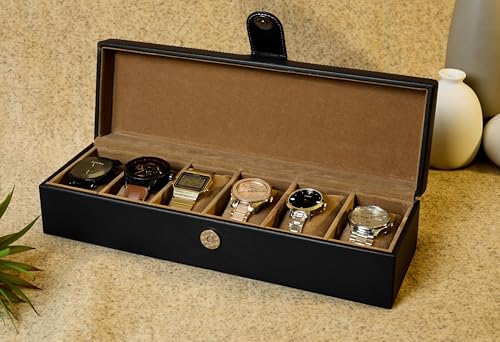 Image of Leather World Faux Leather Watch Box Organizer - Watch Case Box Men - Watch Organizer Storage Tray Women - Wrist Watch Holder 6 Slots - Sleek And Display Case - Black