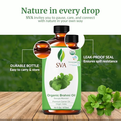 Image of SVA Organic Brahmi Carrier Oil, Huge Bottle, Large Size, 16 Fl Oz (473 ml) | Brahmi Oil for Hair Care, Scalp Care, Scalp Massage, Hair Oiling, Face Care, Skin Care, Body Massage & DIY Beauty Blends