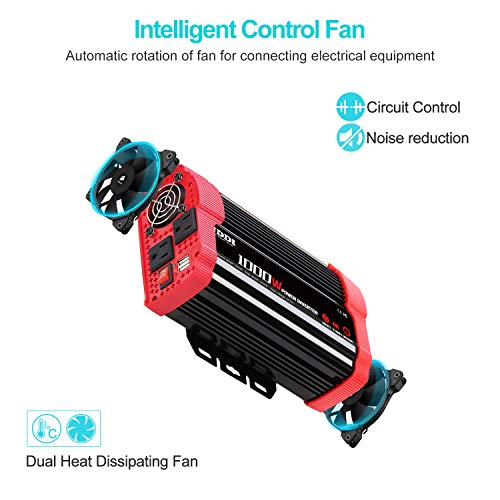 NDDI 1000W Car Power Inverter 12V DC to 110V AC Converter with Dual AC Outlets and 3.1A Quick Charging USB Port Car Adapter