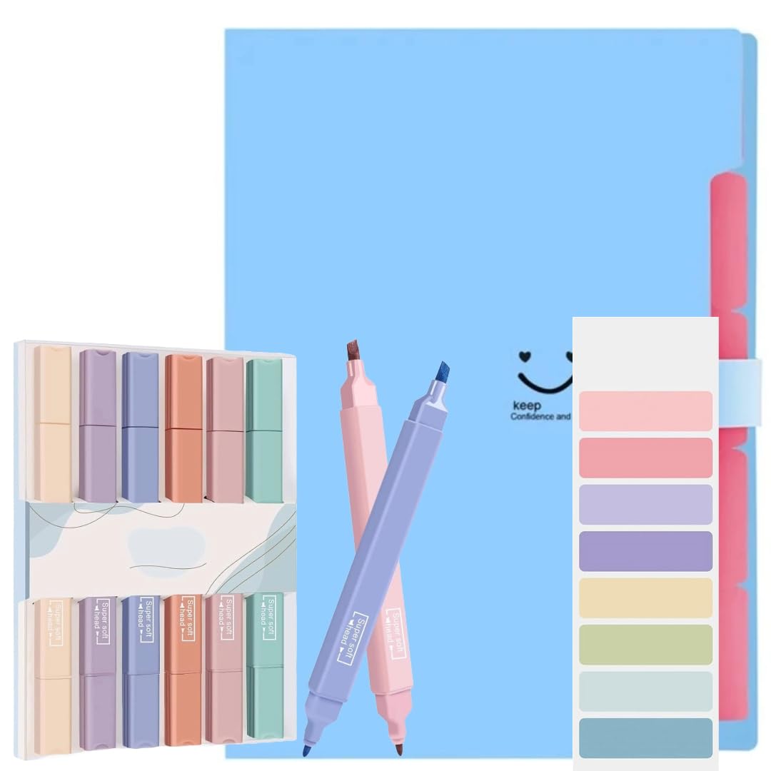 Corslet 【Ästhetisches Schreibwaren-Set】 6 Pastell-Doppelend-Textmarker und 5-Pocket-Erweiterungsmappe mit Etiketten für Schüler, Lehrer & Notizen