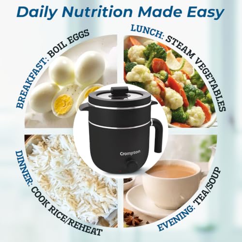Image of Crompton InstaNourish Pro 1.2L Multi Purpose Electric Kettle with Steamer | 600W | Cool Touch Body | Egg Boiler Stand | Auto Shut-Off | Dry Boil Protection | Black