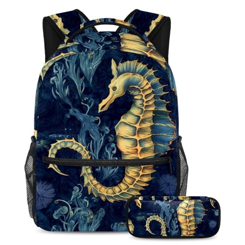 Sac à dos bleu hippocampe grand volume et trousse pour ranger les grands cahiers