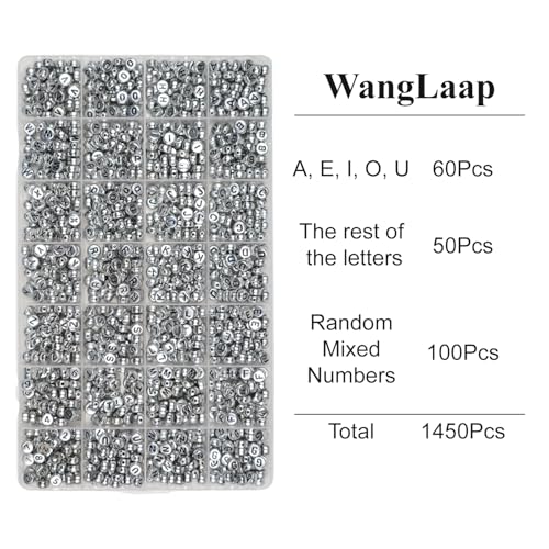 Image of 1450Pcs Silver Acrylic 4x7mm Round Letter Beads Kits Alphabet A-Z (Extra for Vowel Letter) and Number Beads for Bracelets Necklaces Jewelry Making (Silver, 4x7mm)