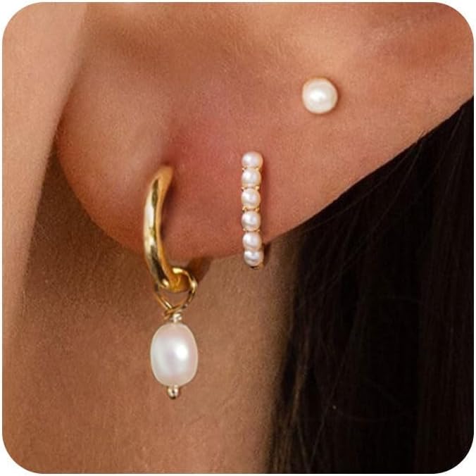 VRIUA 3 Pairs Gold Earrings Set - 14K Gold Plated Stacks Earring Bow Pearl Butterfly Heart Clover Star Moon Diamond Starburst Huggie Hoop Earrings for Women Trendy Jewelry