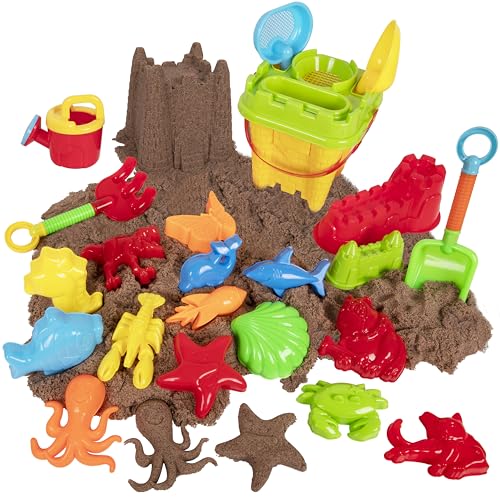 Beach Toys & Sand Toys for Kids Toddlers and Ages 4-12 23 Piece Sandbox Toys Set with Reusable Storage Bag Sand Castle Building Kit Animal Molds Shovels Rake Sifter & Watering Can