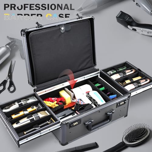 Image of Yueieoun Barber Case with Clippers Sliding Tray, Profesional Barbers Briefcase Tool Case, Travel Barber Cases for Clippers and Supplies, Hair Scissors Trimmer Organizer, Salon Grooming Hard Suitcase
