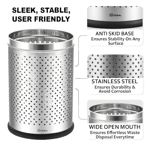 Image of mofna 6L Stainless Steel Dustbin for Home, Silver Open Top Perforated Garbage Bin Without Lid, Waste Bin for Kitchen, Bathroom, Bedroom, Washroom, Office & Toilet, (7 x 10 Inch, Pack of 1)