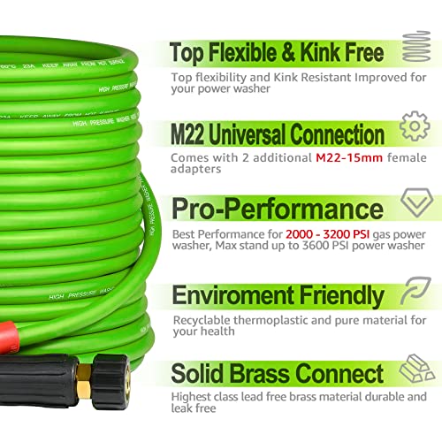 Yamatic Flexible Pressure Washer Hose 25 Ft X 1/4", Universal Replacement M22-14Mm 15Mm Adapters Compatible With Sun Joe, Craftsman, Greenworks, Ryobi, Troy Bilt Gas Electric Power Washer & Wand Green #TOP1