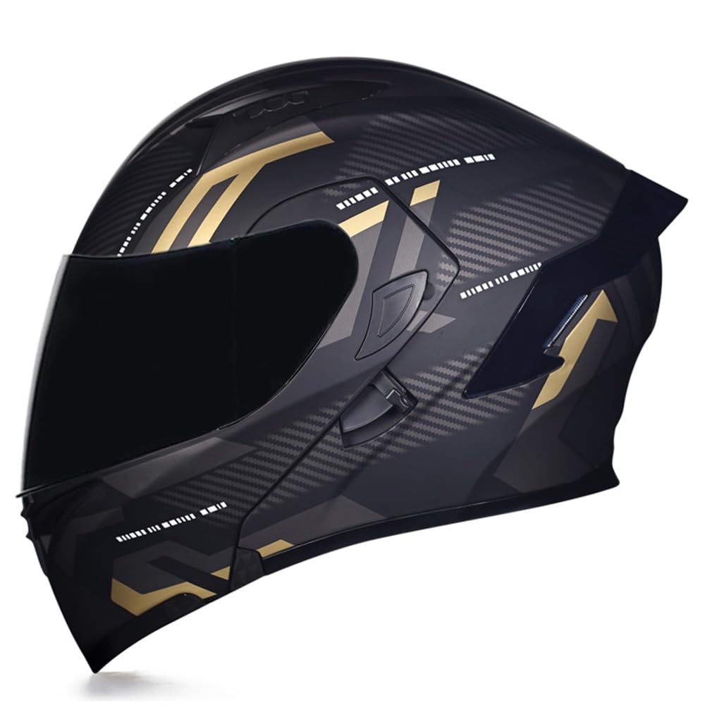 Woljay Integralhelm Klapphelm Motorrad Modularer Helm Motorrad Doppelvisier für Erwachsene Männer Frauen Moped Street Racing DOT / ECER22-05 Approved (Count Black Gold - Smoke Visor,XL)