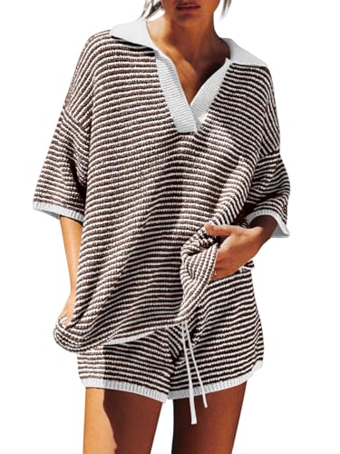 Image of Tankaneo Womens Sweater Set 2 Piece Outfits Oversized 3 /4 Sleeve V Neck Knit Tops High Waisted Shorts Lounge Sets