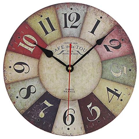 Timelike MDF Wooden Wall Clock Vintage Rustic Country Round Decorative Clock Retro Style Quartz Wall Clock (12 Inch, Colorful) Cover