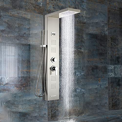 MORADO Shower Panel Tower System, 48 Inches LED Shower Panel, Shower Tower Panel System with 6 in 1 Water Massage System, Brushed Nickle, Brushed Black (Brushed Nickle)