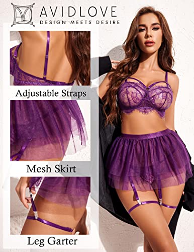 Avidlove Lingerie for Women Strap Babydoll Bodysuit with Garter Belts (Purple, Small)