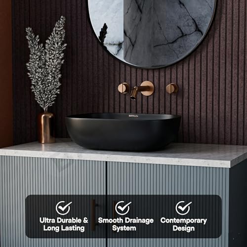 Image of Designer Ceramic Wash Basin For Bathroom | Over Counter Bathroom Basin | Counter Top Bathroom Sink | Wash Basin For Restaurant, Hotel (18 x13 x 5 Inch) (13x18 Matte Black)