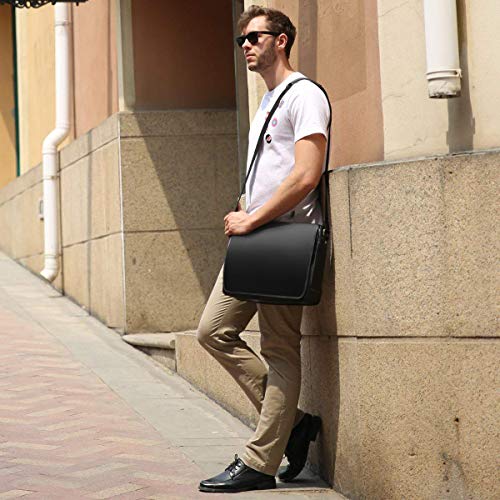 Leathario Men's Leather Shoulder Bag 14inch Laptop Bag Messenger Bag Crossbody Bag Satchel Bag Black