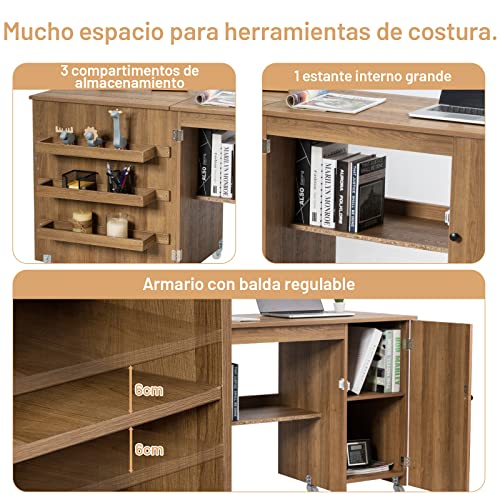 Miniatura 4 de Goplus Mesa De Costura Plegable Con 6 Ruedas Universales 2 Bloqueables , 3 Estantes Y 1 Balda, 3 En 1 Armario De Costura, Mueble Para Máquina De Coser Para Dormitorio Salón Estudio Natural