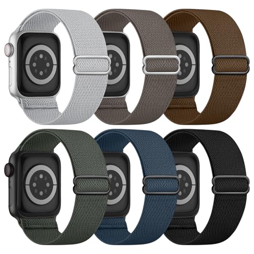 6本パック 伸縮性ソロループ Apple Watch用バンド 45mm 46mm 44mm 42mm 49mm 41mm 40mm 38mm メンズ レディース 編組弾性ナイロンストラップ iWatch Series 10 9 8 7 6 5 4 3 SE SE 2 Ultra Ultra 2用, ブラック/クレイ/ストーングレー/グレー/グリーン/ブラウン/インディゴ, 38/40/41の商品画像（Amazon）