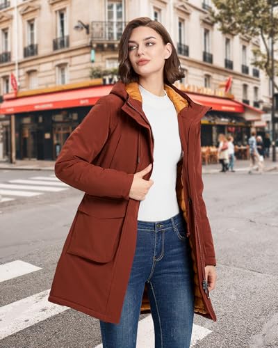 33,000ft Damen Wintermantel Lange Warme Winterjacke Wasserdichte Winddichte Parka Regenjacke Verdickene Funktionsjacke Mit Kapuze Übergangsjacke Outdoorjacke, Kirschrot L