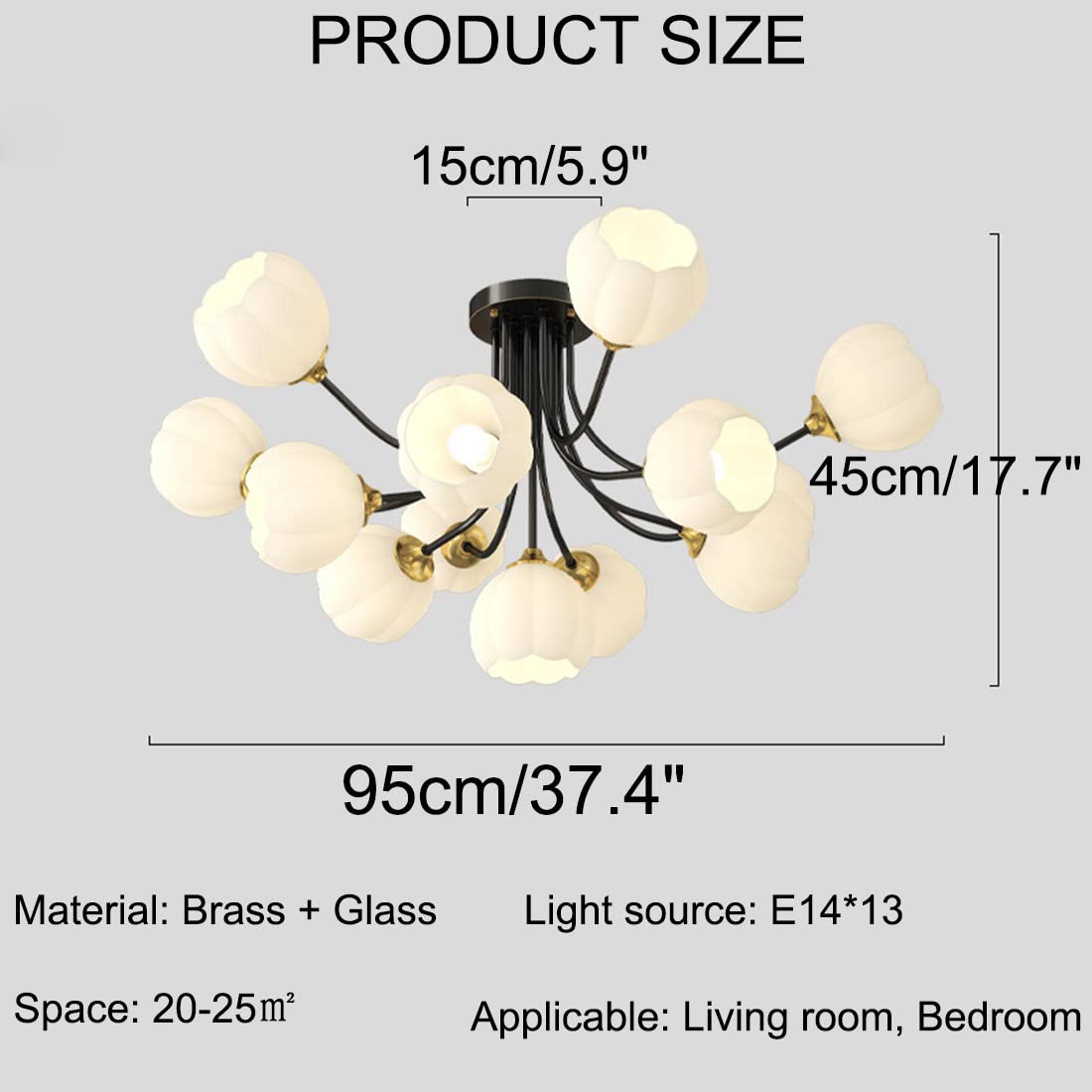 Lampy sufitowe do sypialni 13-jasne czarne mosiężne lampy sufitowe z białym kwiatem-szklanym kloszem szklana kula lampa sufitowa do sypialni salon jadalnia (13Lightblack