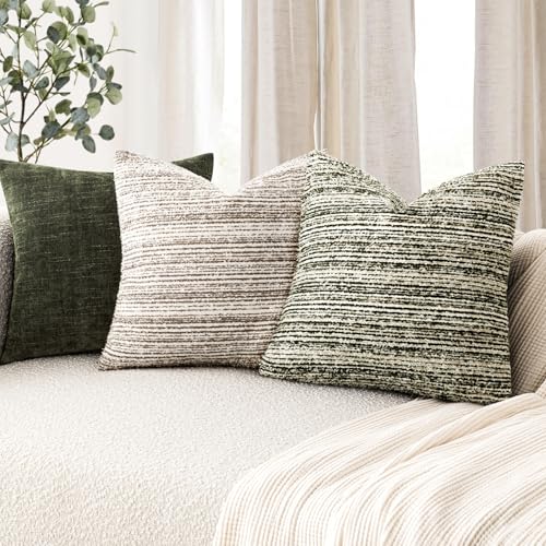 Image of Foindtower Set of 2 Faux Fur Textured Modern Throw Decorative Pillow Covers Square Accent Striped Cushion Sherpa Boho Farmhouse Pillowcase for Couch Sofa Living Room Home Decor 18x18 Inch,Dark Green