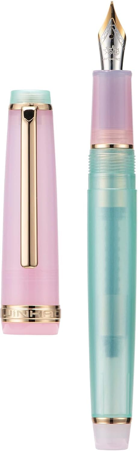 Jinhao 82 Fountain Pen, Golden Trim Bent Nib, Pink and Lake Blue Transparent Barrel with Converter