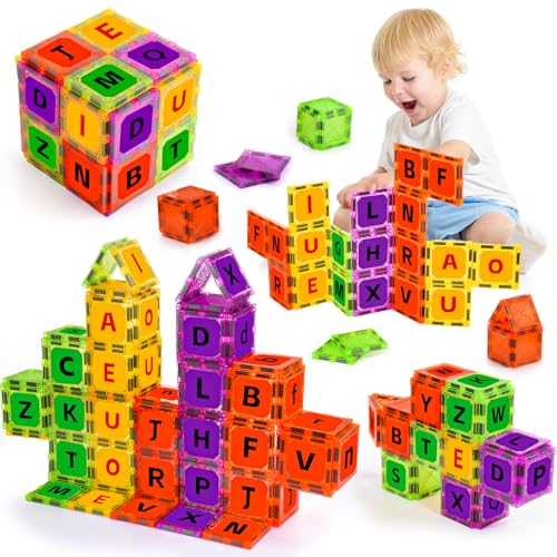 Magnetic Tiles Letters Toys Alphabet Learning Toys for Toddlers 1-3 2-4 4-8 Classroom Must Have 48PCS Construction Toy Toddler Games for Preschool Kids Spelling Learning Building Educational Toy