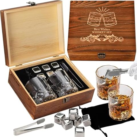 Whiskey Glasses Gifts Set for Men, Whiskey Stones Bourbon Drinking Glass with Wooden Gift Box, Cocktails Scotch Cups Birthday Gift Set for Him Cover