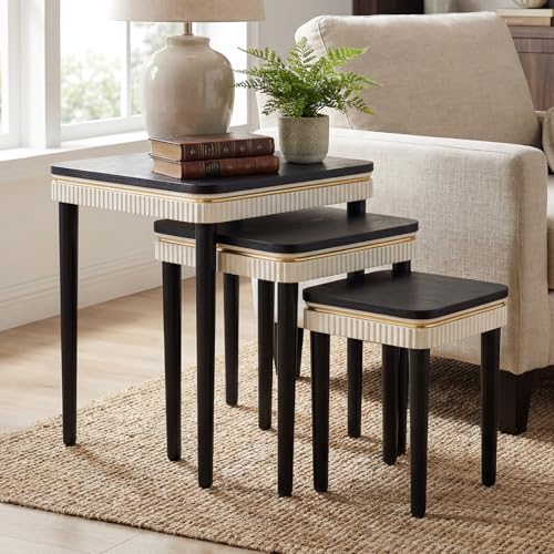 Hyfirm Black Side Table End Table Nesting Tables Set of 3 Retro Nesting Tables with Veneered Top & Gold Trim Mid Century Modern Nesting Wood Coffee Tables for Living Room/Bedroom/Apartment