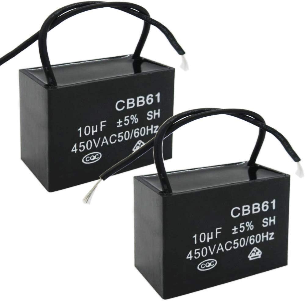 Twidec/2Pcs 450V AC 50/60Hz Run Capacitor 2-Wire Metallized Polypropylene Film Capacitors for Ceiling Fan Motor Start Run 10uf CBB61-10