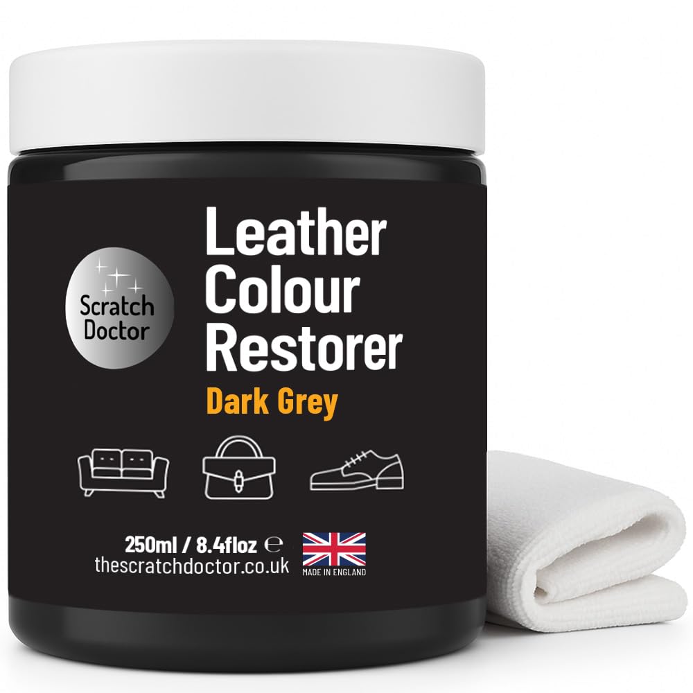 The Scratch Doctor Leather Colour Restorer Recolouring Balm Repair Treatment for Faded & Worn Absorbent Leather Furniture, Sofas, Chairs (Dark Grey, 250ml)
