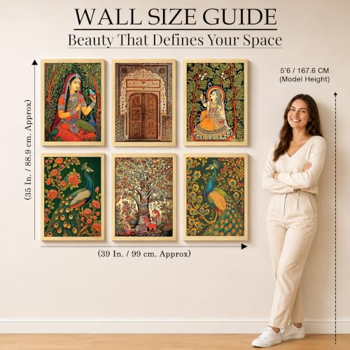 Image of PAINTINGMANTRA Madhubani Paintings For Living Room, Mughal Queen Floral Madhubani Wall art Painting for Bedroom, home wall Decoration item, Set of 6, 13x18 Inch