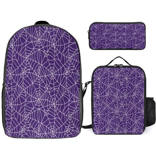 Purple Spider Web Halloween Backpack Set 3 Pieces Backpacks Lunch Bag Wallet For Travel Outdoor Sports
