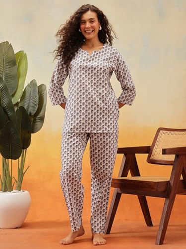 Image of Clovia Women's Cotton Floral Printed Kurta Style Top & Pyjama Nightsuit Set